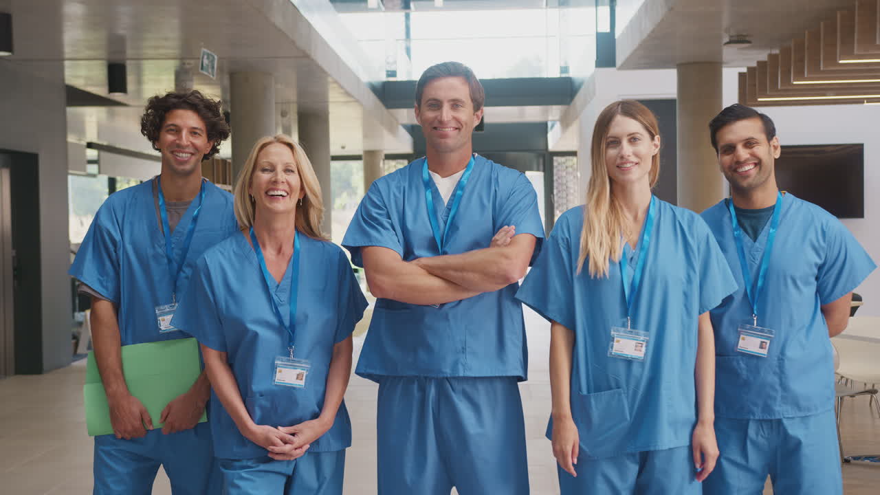 Portrait Of Multi-Cultural Medical Team Wearing Scrubs Standing Inside Hospital Building