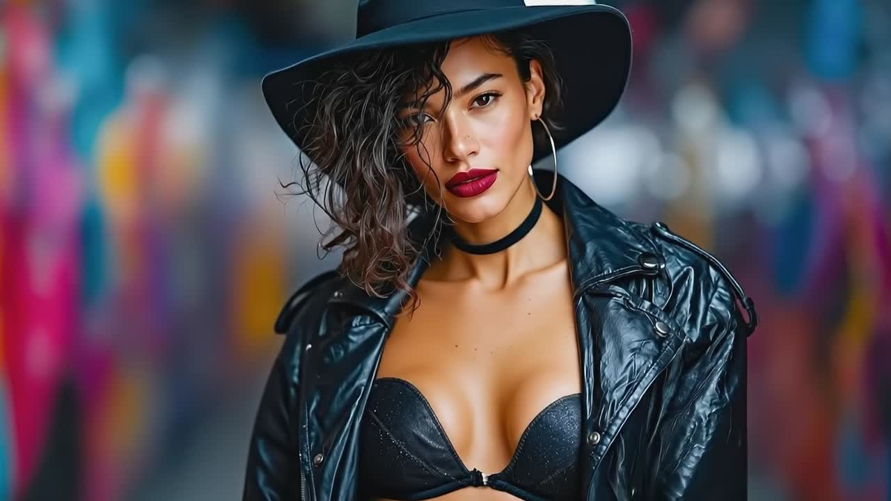 A woman wearing a black hat and a black leather jacket