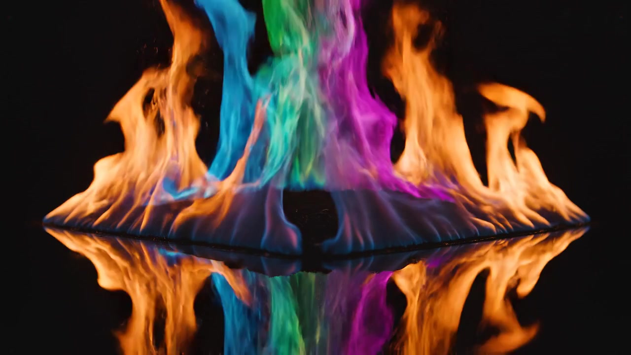 Fiamme di fuoco vivaci e multicolori con riflesso su superficie nera