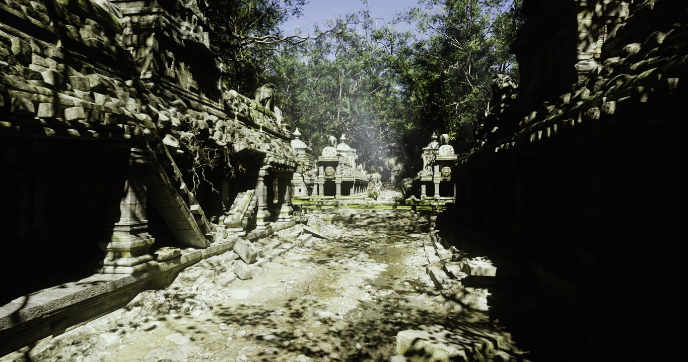 Bright street leading to ancient entryway surrounded by foliage