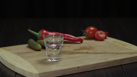 el hombre toma un vaso lleno de vodka de la tabla de madera