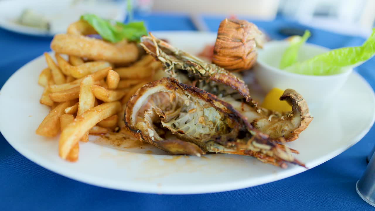 Camera slowly zooms on grilled lobster, prawns, fries, and lemon garnish in bright daylight