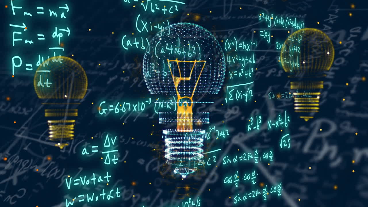 Animation of light bulbs over mathematical equations on blue background