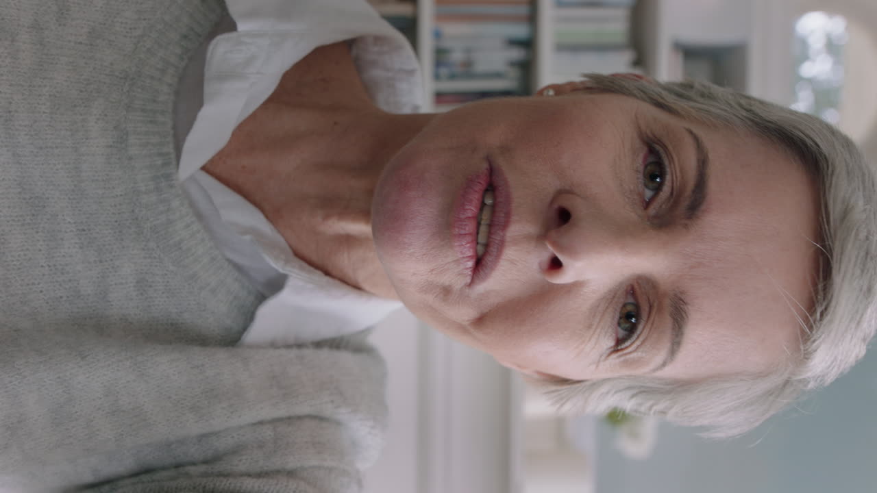 retrato de una hermosa mujer madura que tiene una videochat usando un teléfono inteligente abuela agitando la mano disfrutando de la conversación compartiendo estilo de vida hablando en línea en pantalla vertical 4k