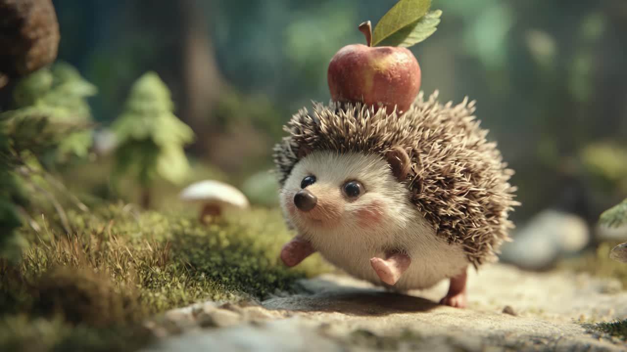 In dieser bezaubernden animierten Szene flitzt ein charmanter und skurriler Igel mit einem leuchtend roten Apfel auf dem Kopf freudig durch einen üppigen, grünen Wald