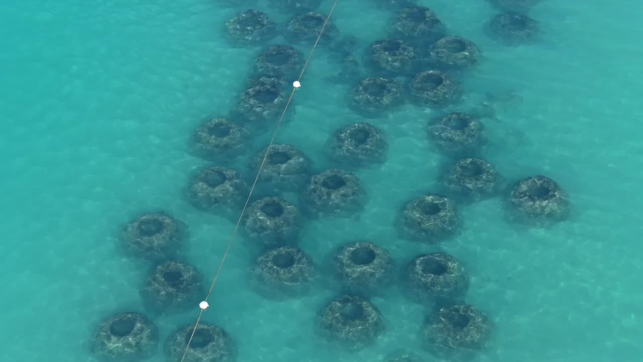 Man-made coral reefs supporting marine life at Dominicus Beach, Dominican Republic. Bird's eye drone view