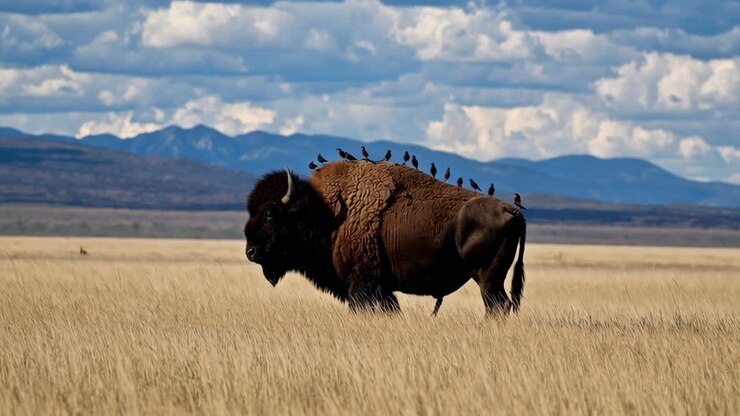 Bisonte americano con uccelli sulla schiena in un campo erboso
