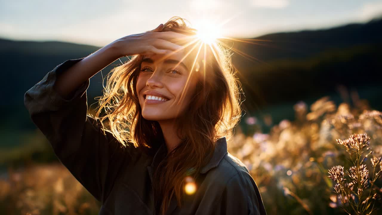 A radiant portrait of a joyful woman in a sunlit meadow, showcasing natural beauty and warmth, embodying confidence and happiness against a stunning sunset backdrop