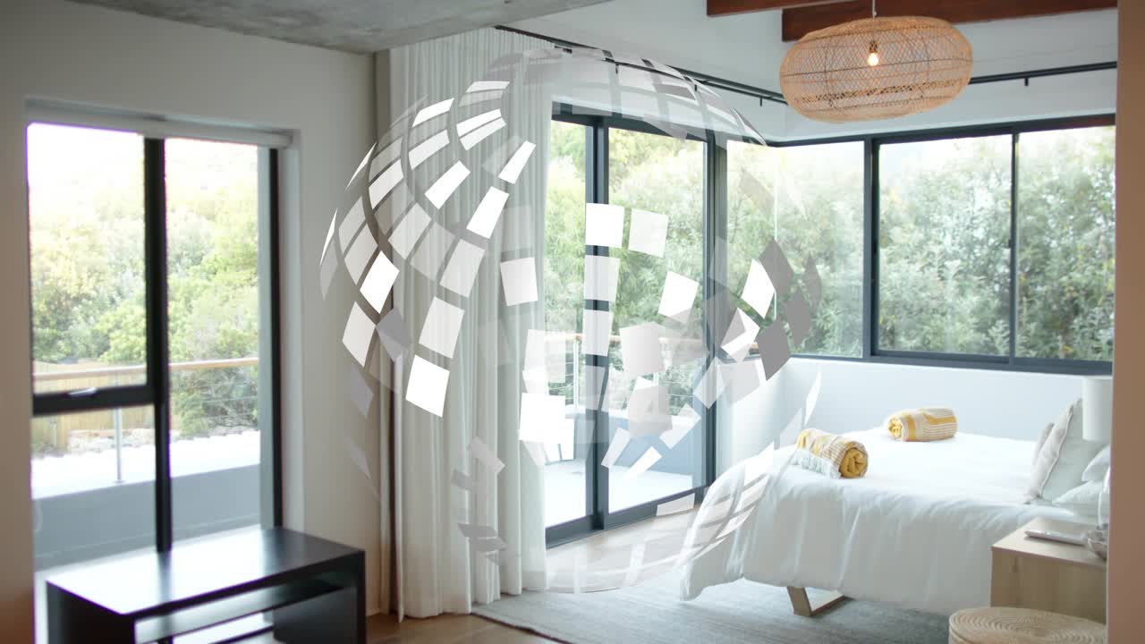 On start translucent tiles forming into spinning spherical grid, growing and settling for design