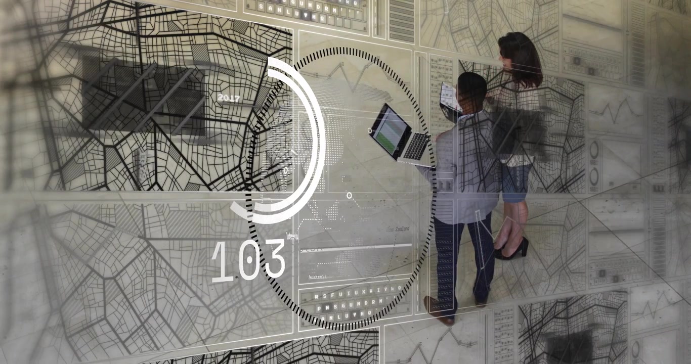 Man using laptop and woman viewing tablet, starting biz holo map rotating ring and analyzing data