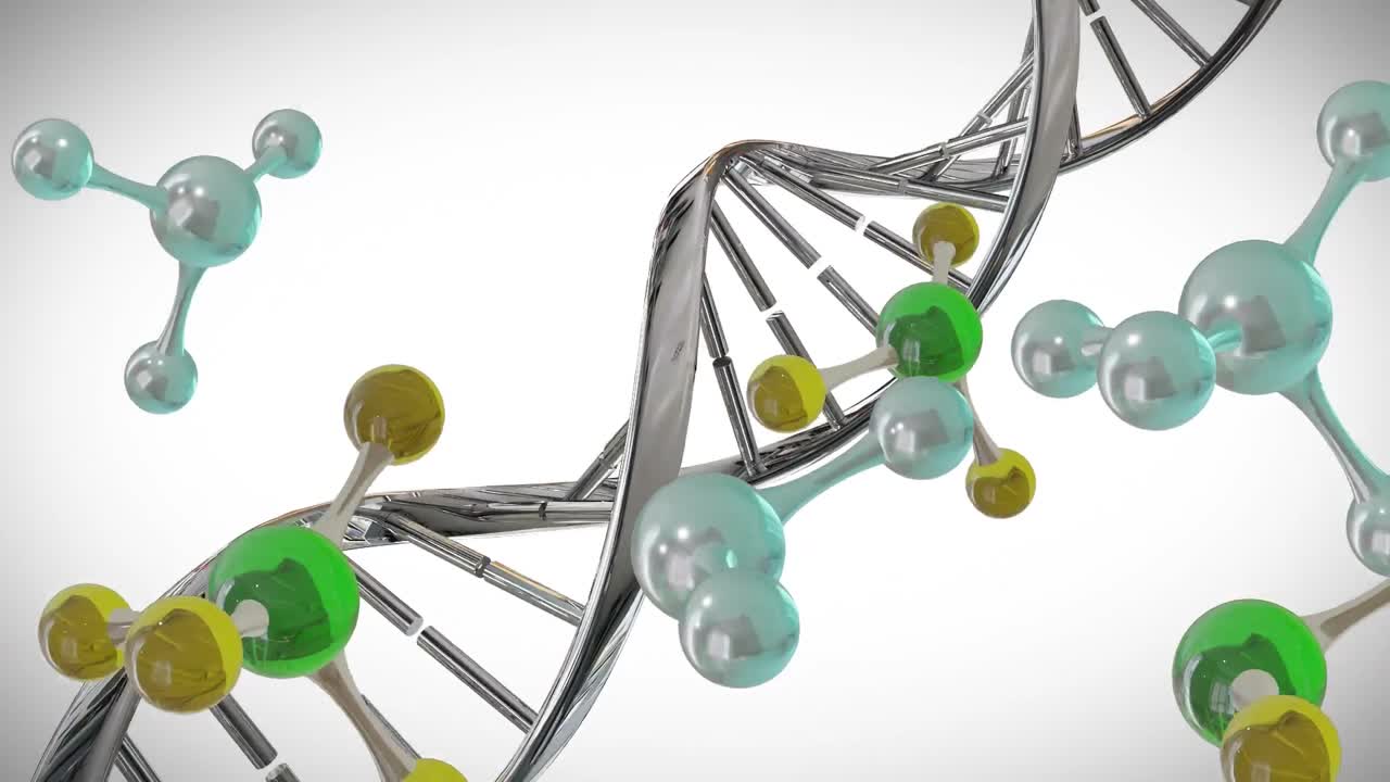 백색 배경에 분자 및 dna 가닥의 3d 마이크로의 애니메이션