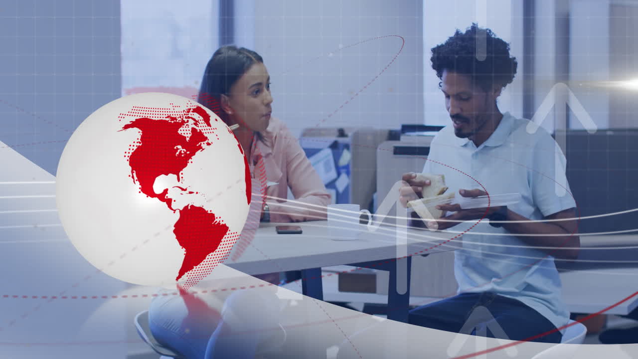 Two people enjoying lunch at office with global data animation overlay