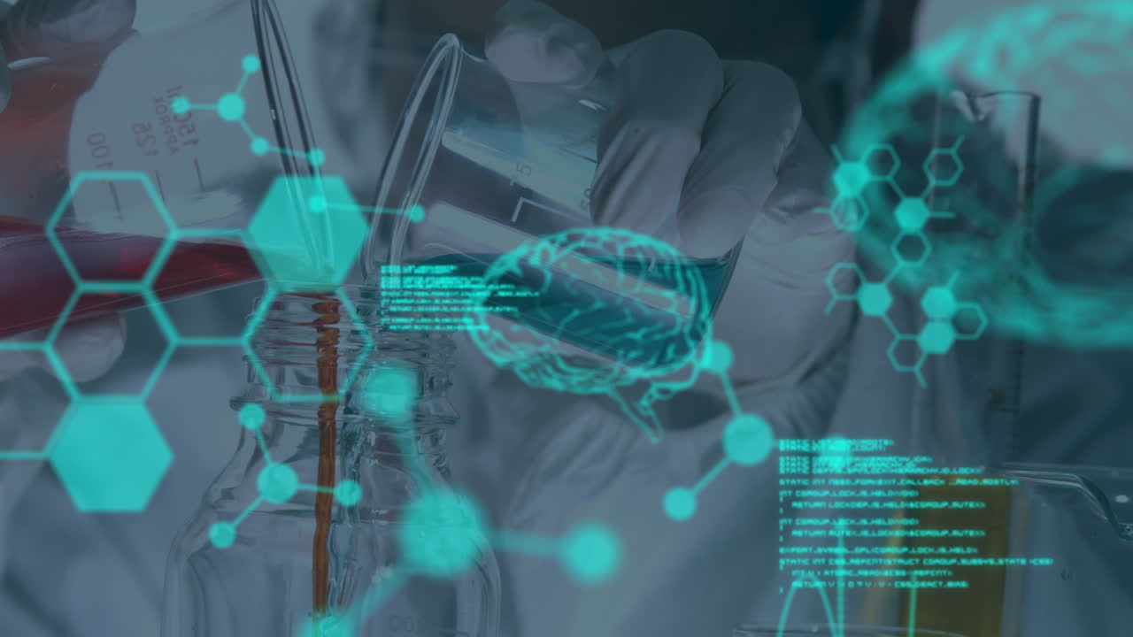 Animation of digital brain, molecules and data processing over caucasian scientist in lab