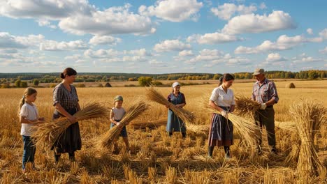 harvesting time: a group of farmers engage in traditional grain collection under a beautiful sky, showcasing community efforts and seasonal abundance