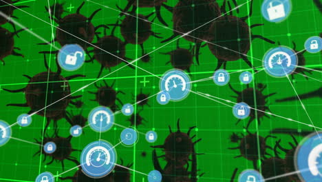 red de iconos digitales sobre red de rejilla contra múltiples células de covid-19 en fondo verde