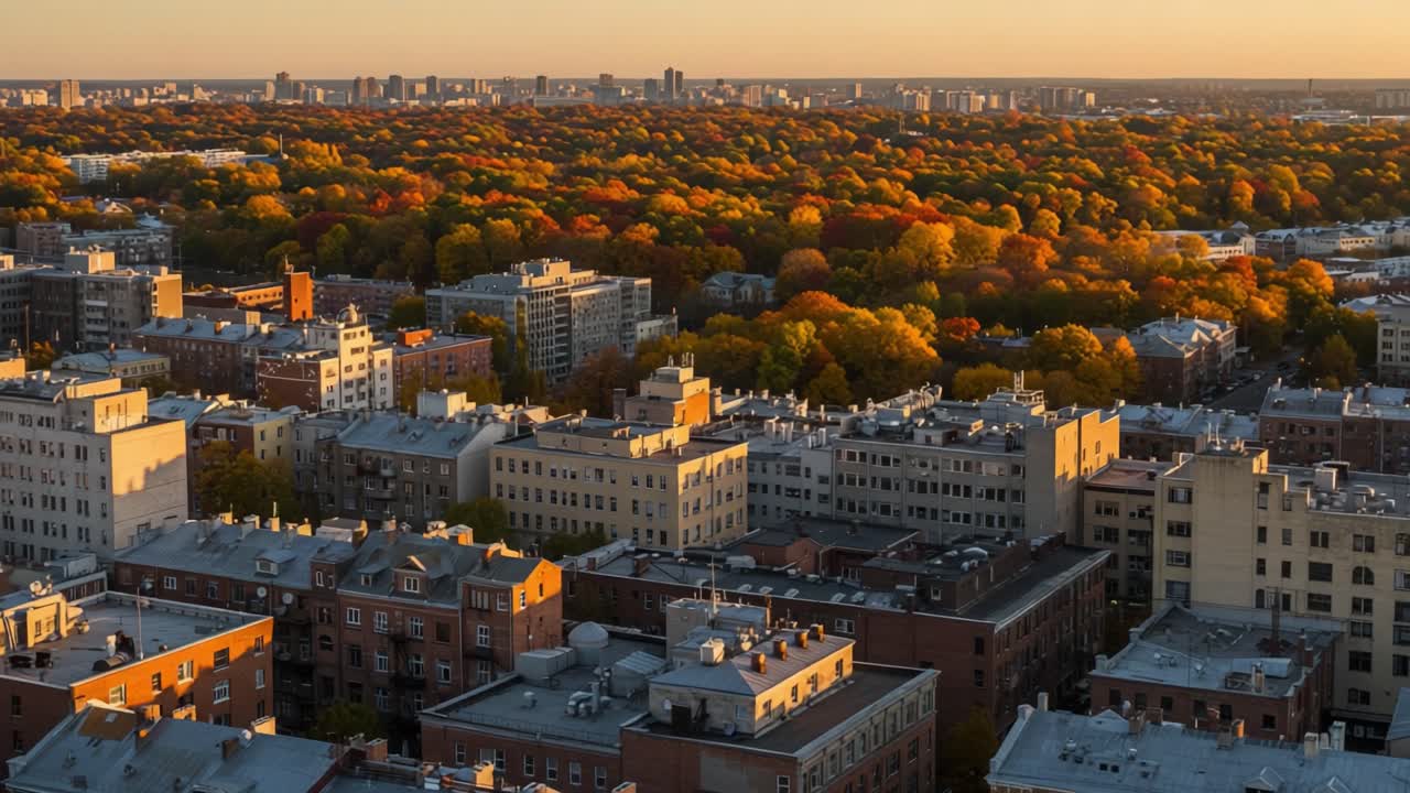A Scenic View of Urban Architecture Surrounded by Vibrant Fall Foliage, Showcasing the Beauty of City Landscapes Against a Colorful Autumn Backdrop