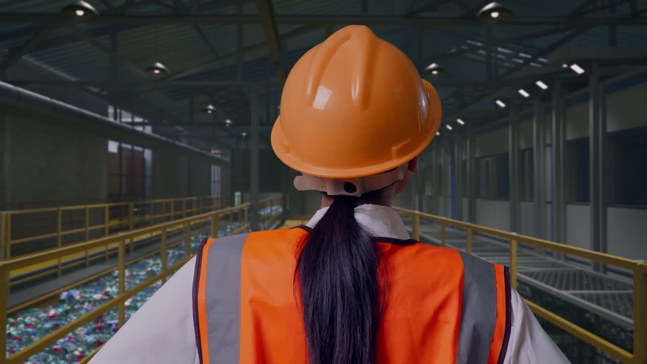 Primo piano della vista posteriore di un'ingegnere donna che indossa un elmetto di sicurezza, si guarda intorno mentre è in piedi con le mani sui fianchi, ispezionando una fabbrica di riciclaggio della plastica con un nastro trasportatore di bottiglie
