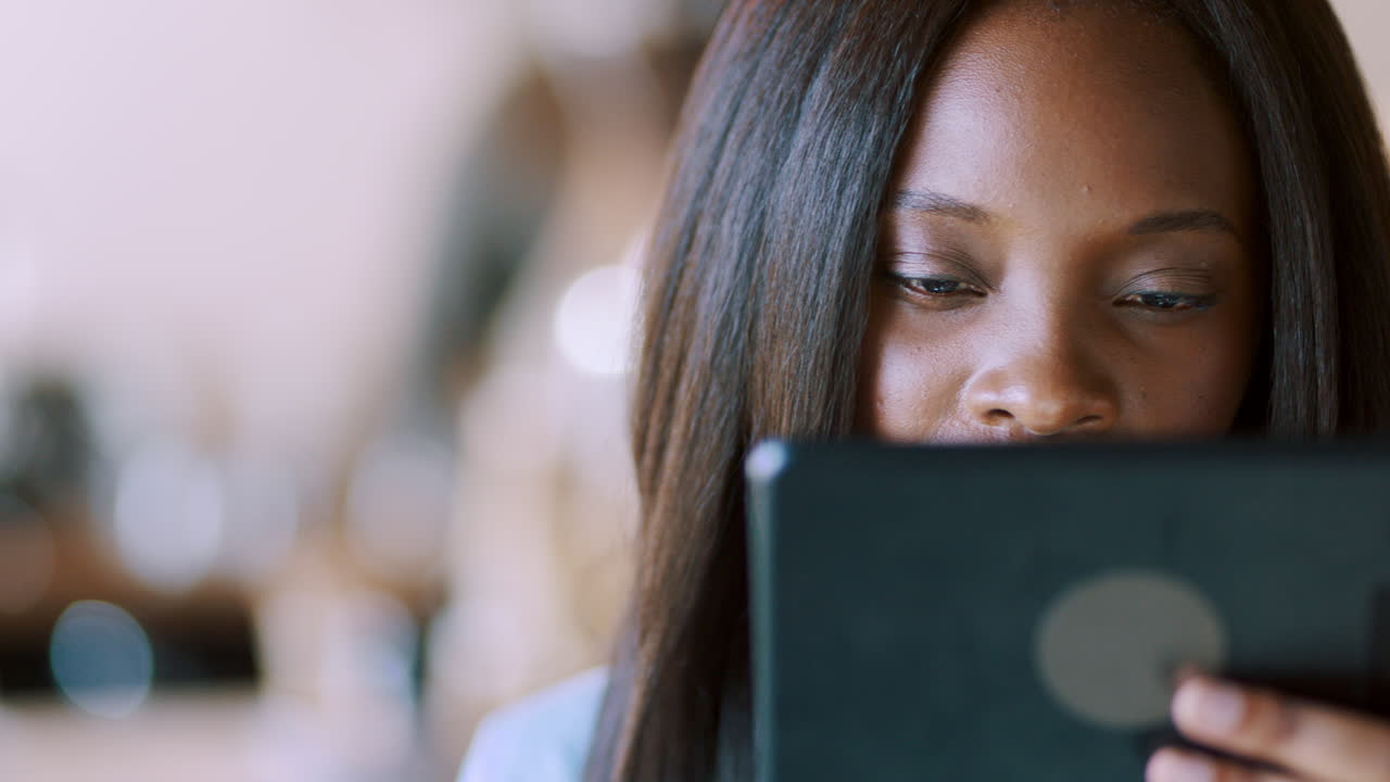 Coffee, tablet and black woman reading email