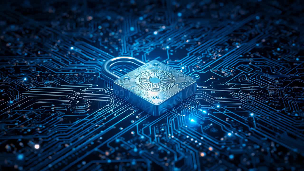 Power signal initiating light pulsing across board traces, sparkling nodes under metallic padlock