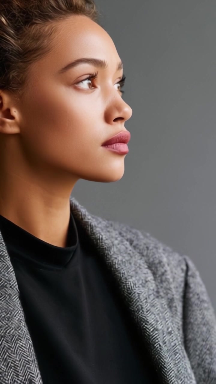 Accattivante Studio di Profilo di una Giovane Donna in Elegante Abito Grigio che Evidenzia Bellezza Naturale e Portamento Attraverso Espressioni Sottili e Illuminazione Soffusa