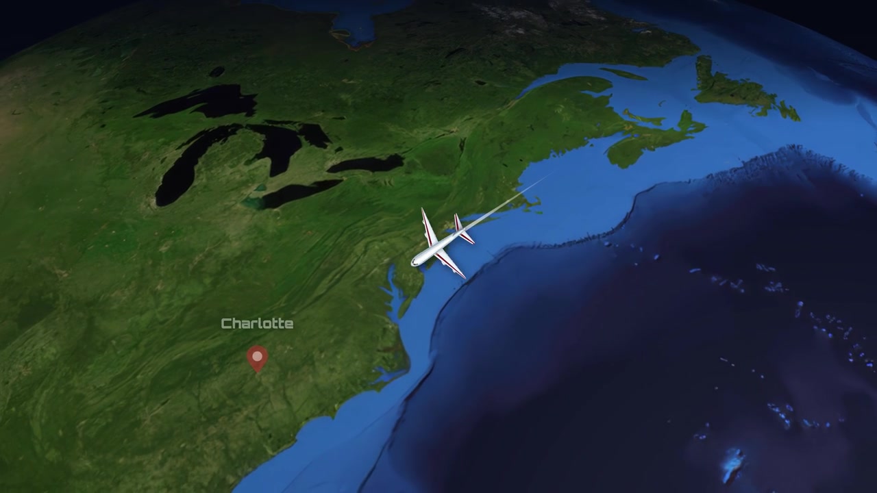 A commercial airplane flies across the Atlantic Ocean from Germany to the United States