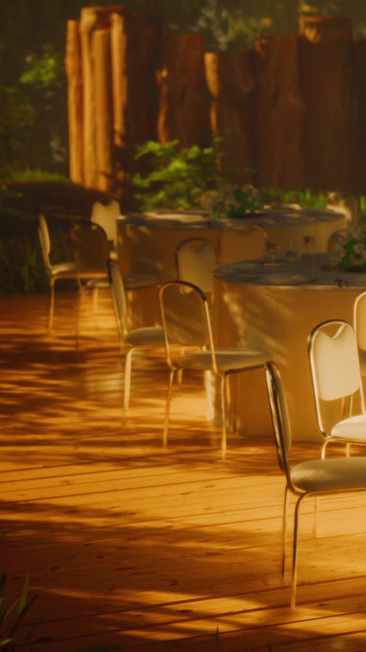 Chairs are arranged around tables along a wooden path in a garden
