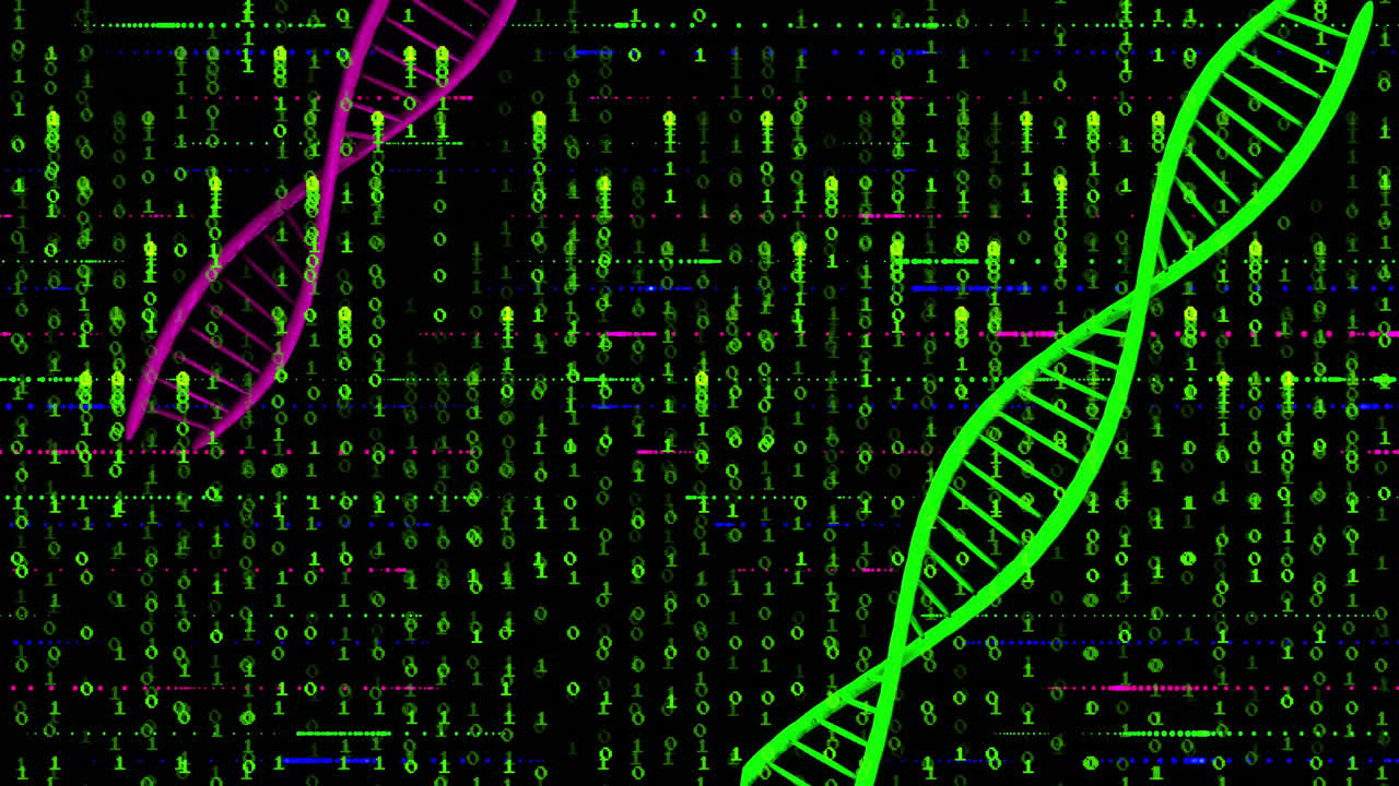 DNA strands and binary coding in animation for scientific data processing