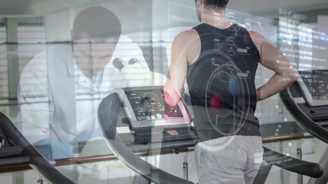 과학자 가 현미경 을 사용 하고 사람 이 트레드밀 에서 운동 하는 디지털 복합 영상 4k
