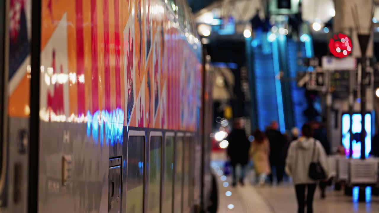 Monte Carlo, Monaco - February 20, 2025: People and trains moving through the Monaco train station with bright lights
