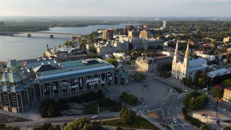 aerial shot of beautiful ottawa down town, blue lake in background, canada