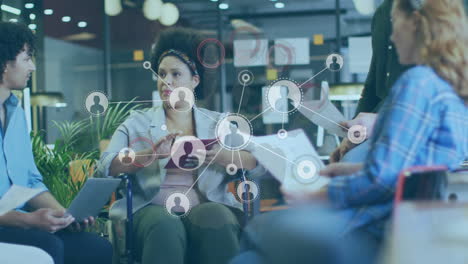 Discussing project, diverse team with animation of digital network connections