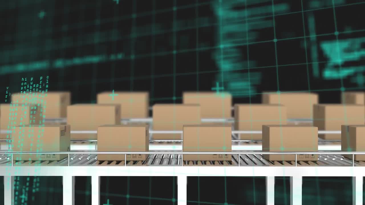 컨베이어 벨트에 있는 카드보드 상자 위에서 금융 데이터 처리의 애니메이션
