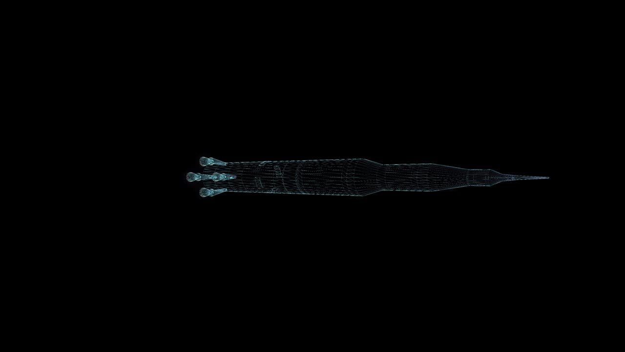 Rocket Hologram Wireframe. Nice 3D Animation on a black background with a seamless loop for futuristics projects
