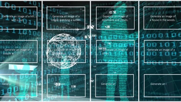 Animation of artificial intelligence text and binary coding with data processing