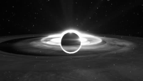 animation of a black and white black hole in space