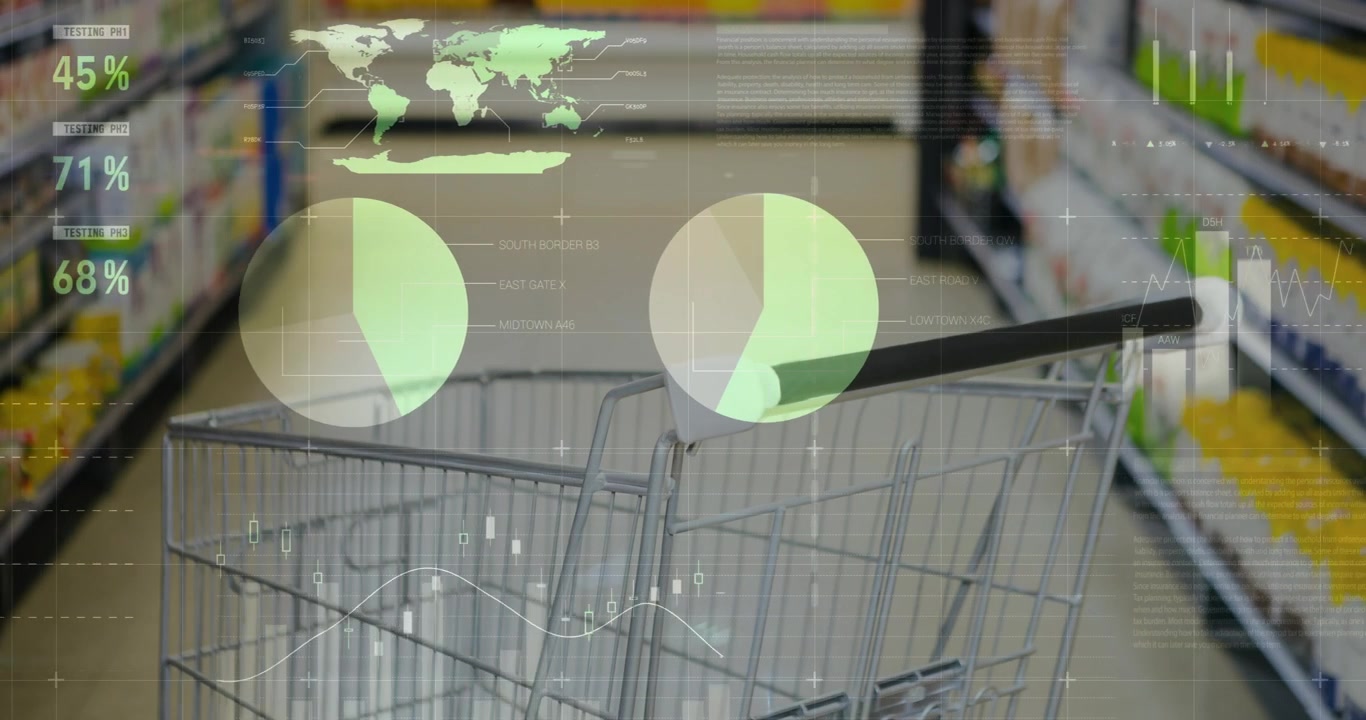 Avvio del flusso di dati, carrello che rimane centrato mentre analisi chiare si sovrappongono alla corsia del supermercato mostrando le vendite.