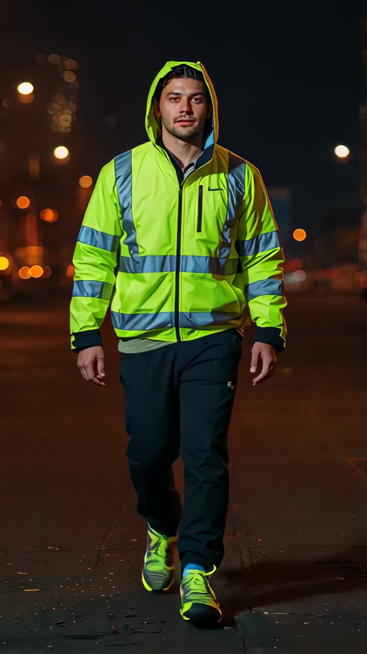 Vertical video: Walking worker in hi-vis jacket approaching camera on city street at night