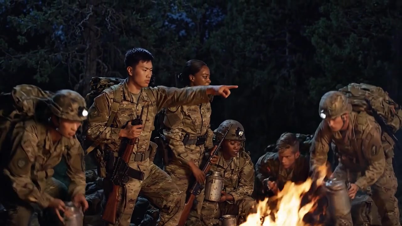 Un gruppo di soldati riuniti attorno a un falò di notte, che mostra cameratismo, lavoro di squadra e la robustezza della sopravvivenza all'aperto in un ambiente di addestramento militare.