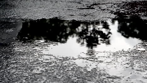 on a dark afternoon a light rain drops disturbs the mirror like puddle in a a lonely parking lot