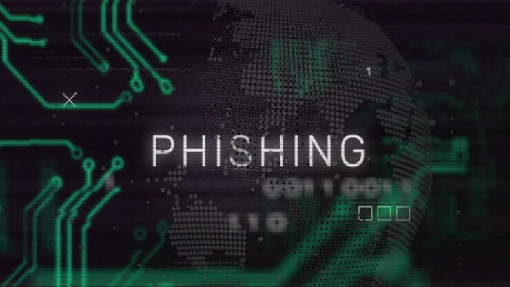 Animation of phishing text over motherboard, globe and processing data on black