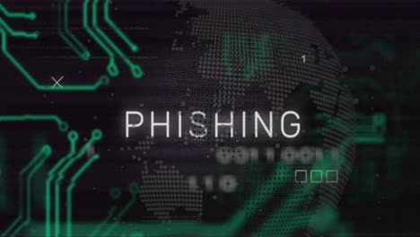 animatie van phishing-tekst over moederbord, globe en verwerking van gegevens op zwart