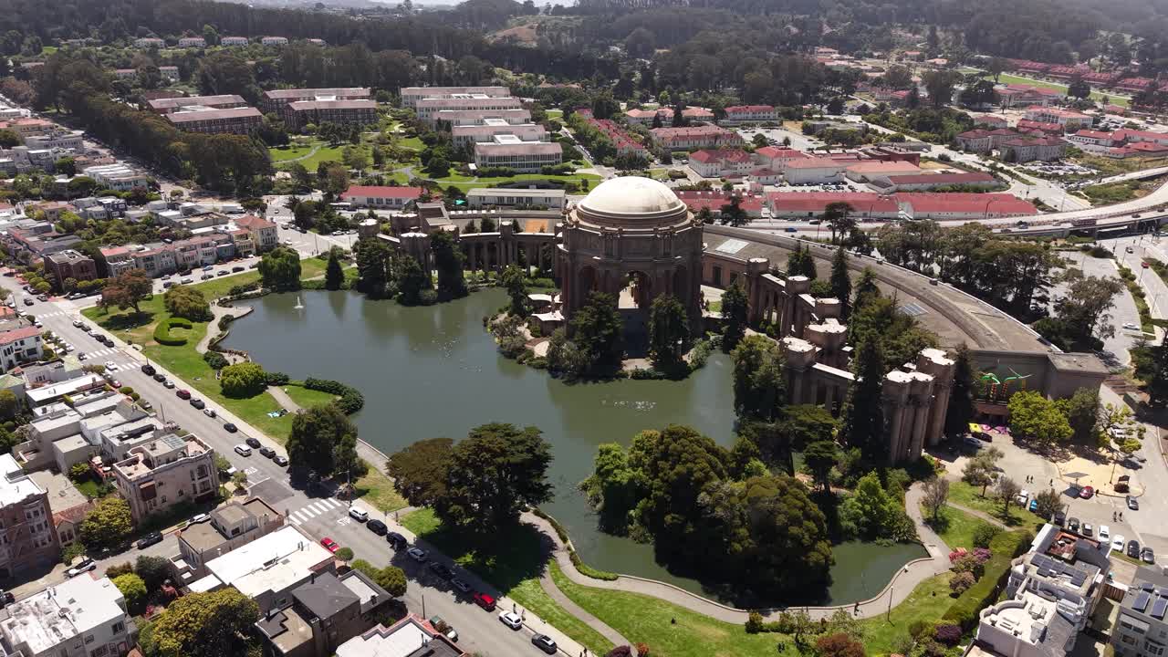 Palace of Fine Arts, Drone Shot of San Francisco USA Landmark on Sunny Day