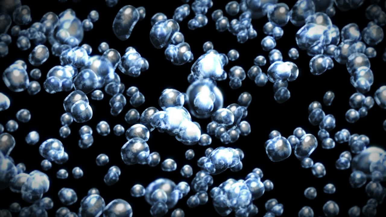 검은 바탕에 많은 물방울이 날아가고, 순수한 물방울, 투명한 표면, 공기 거품이 회전하는 3d 애니메이션, 루프 애니메이션.