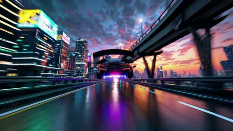 futuristic cityscape at sunset with flying car
