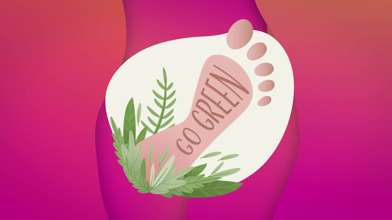Animazione del testo "go green" con impronta e piante su sfondo astratto rosa