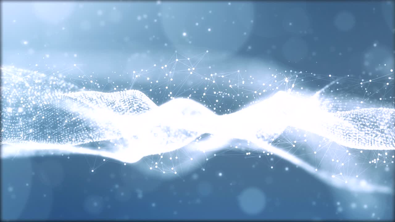 디지털 밝은 파란색 입자 파동 및 보케 추상적인 배경