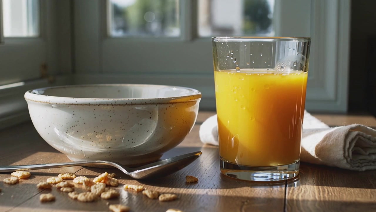 Inquadratura panoramica che si sposta a destra su un tavolo da colazione, enfatizzando un bicchiere di succo d'arancia con ciotola e cucchiaio