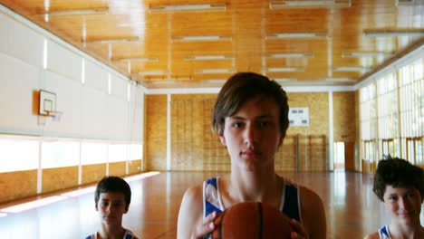 Portrait-of-schoolboys-holding-basketball-in-basketball-court