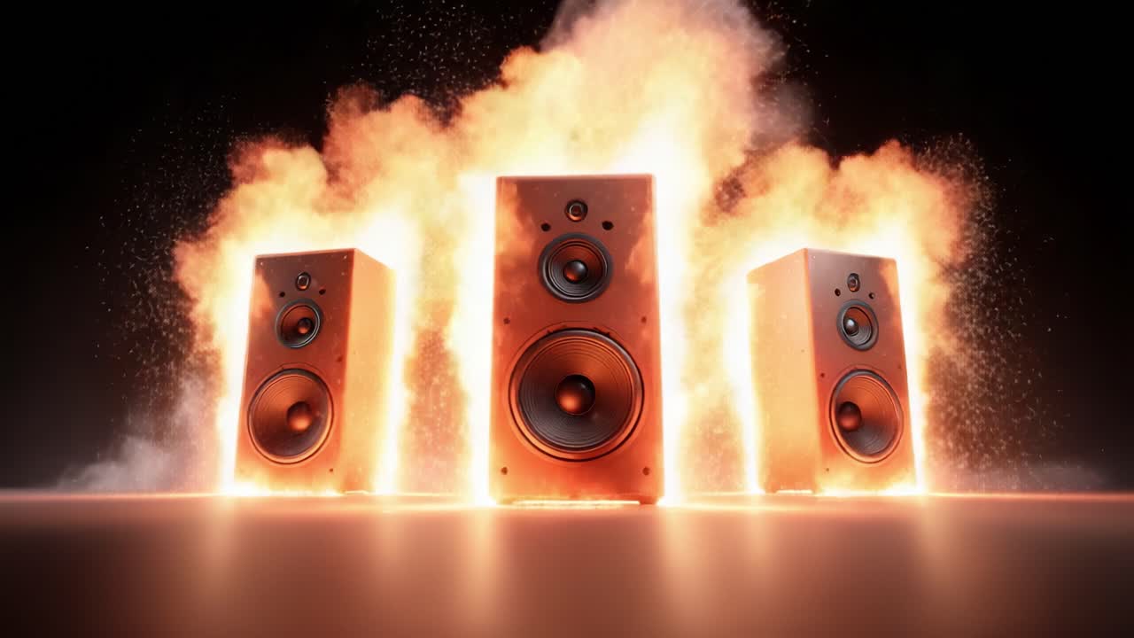 A stunning visual display of powerful audio speakers erupting in vibrant flames and smoke, showcasing an electrifying blend of sound and fire, capturing the essence of music's intensity