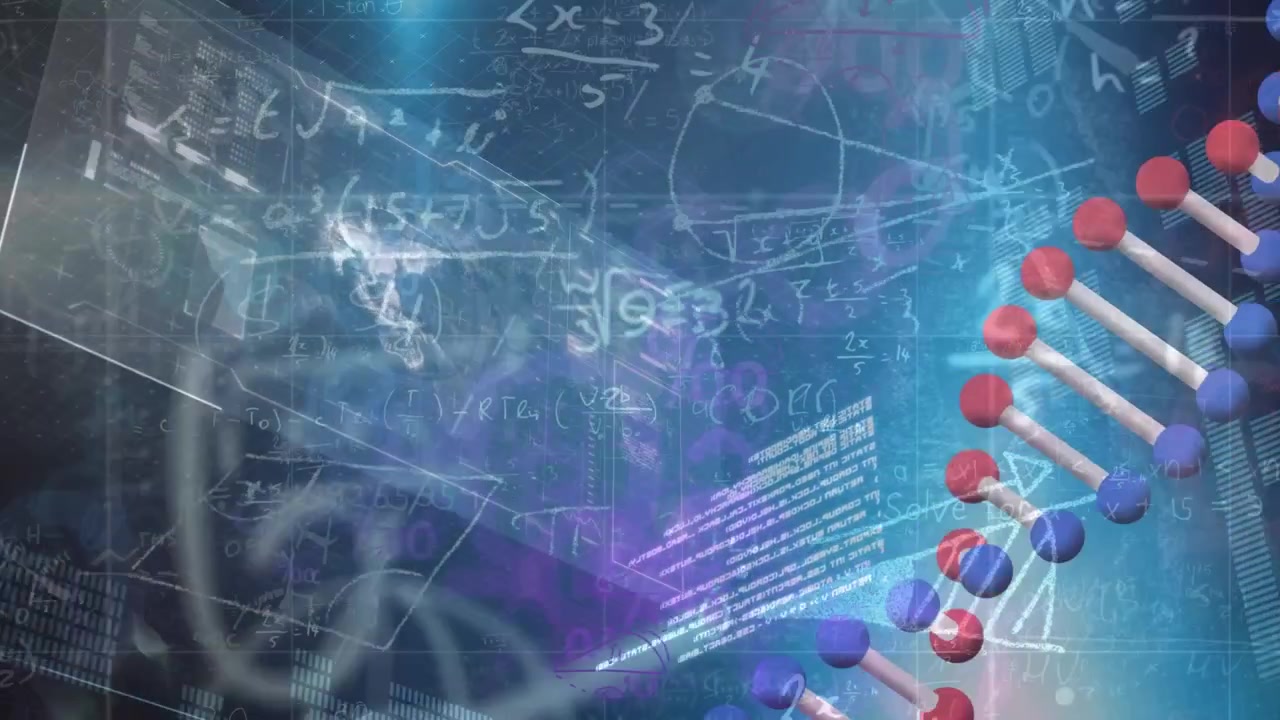 Animazione di DNA ed elaborazione dati scientifici su sfondo blu